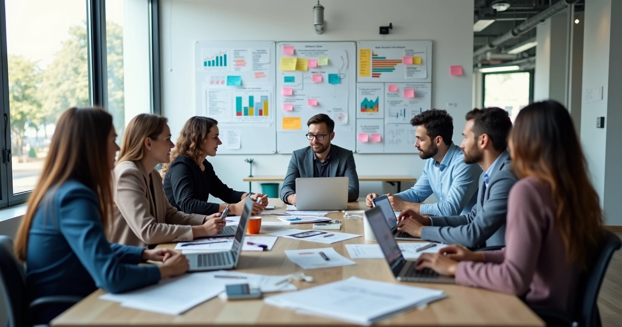 Equipe reunida em sala moderna planejando o uso de sistema digital para aumentar adesão em evento 