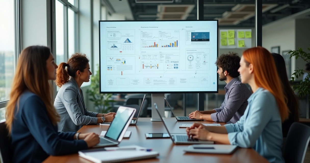 Equipe reunida definindo planejamento de site 