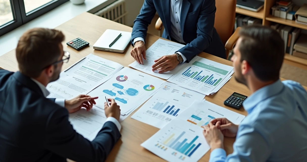 Reunião com documentos societários e gráficos financeiros na mesa 