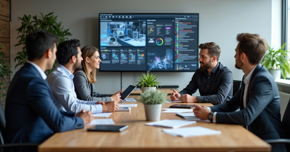Reunião entre equipe de tecnologia e cliente analisando telas de projeto
