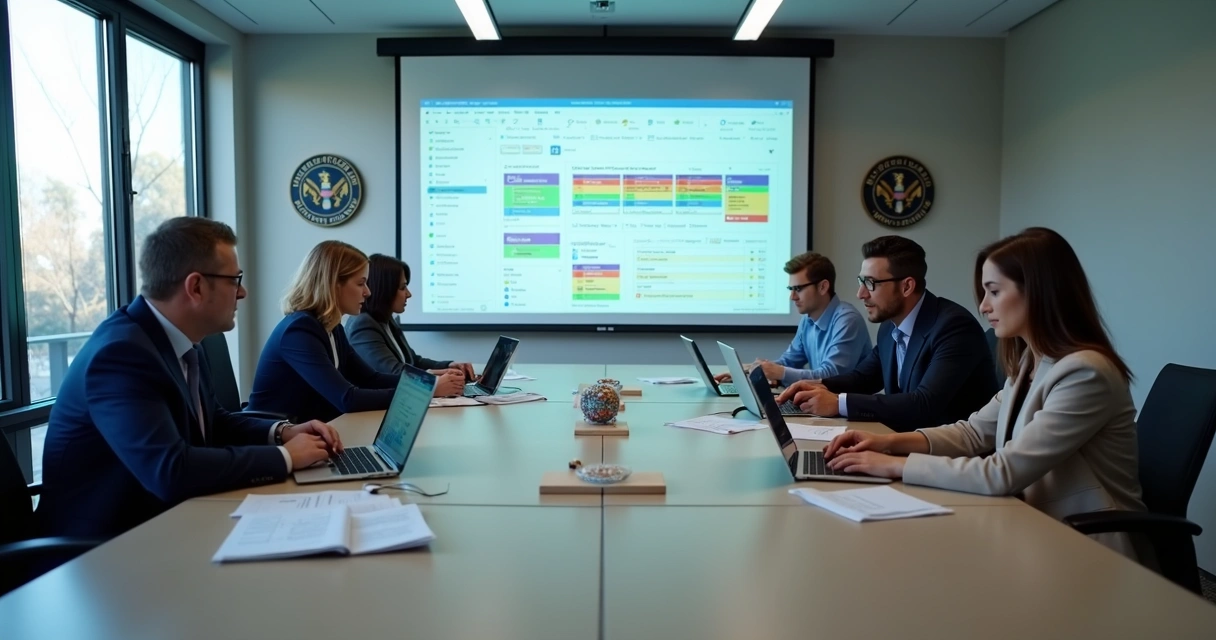 Equipe reunida ao redor de uma mesa com notebooks discutindo planejamento de tecnologia pública