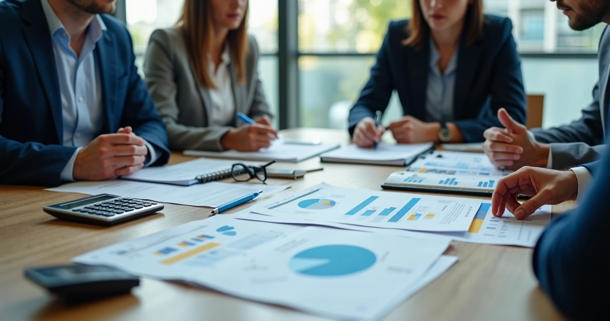 Equipe reunida analisando relatórios fiscais e gráficos em escritório 