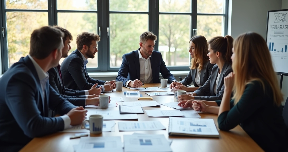 Equipe de gestão empresarial reunida em mesa oval com documentos e notebooks, discutindo planejamento tributário 