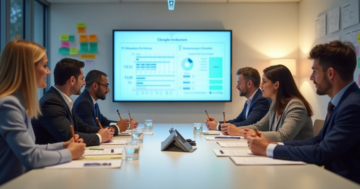 Time reunido analisando gráficos de clima organizacional em uma sala moderna e iluminada 