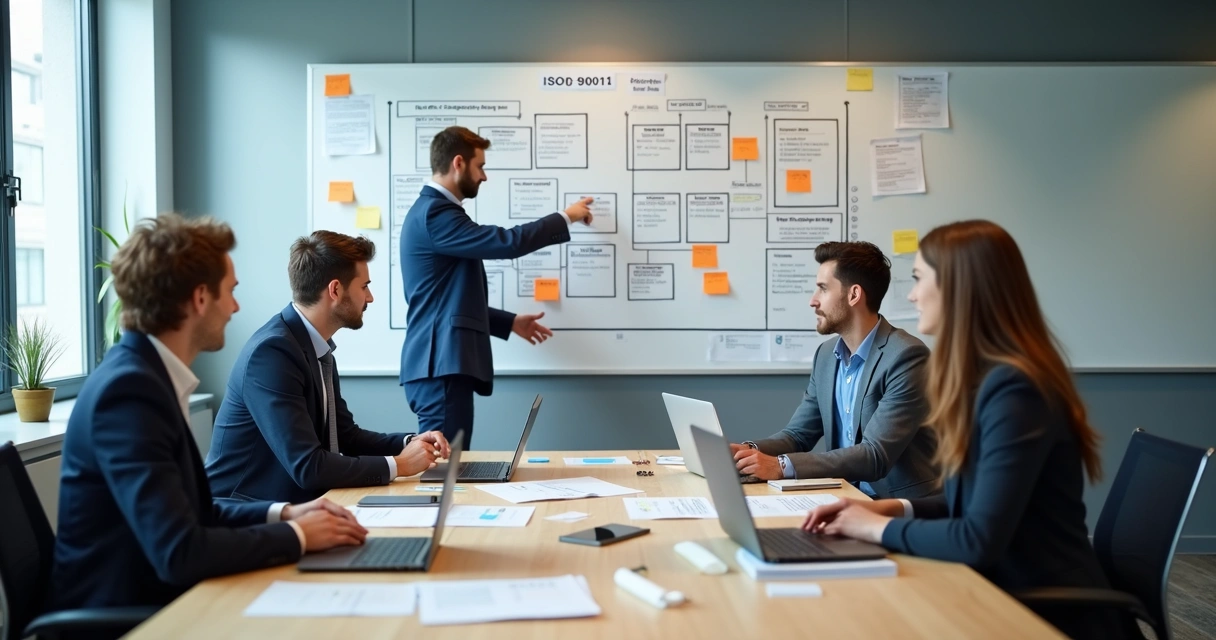 Equipe em reunião traçando um plano de ação ISO 9001 