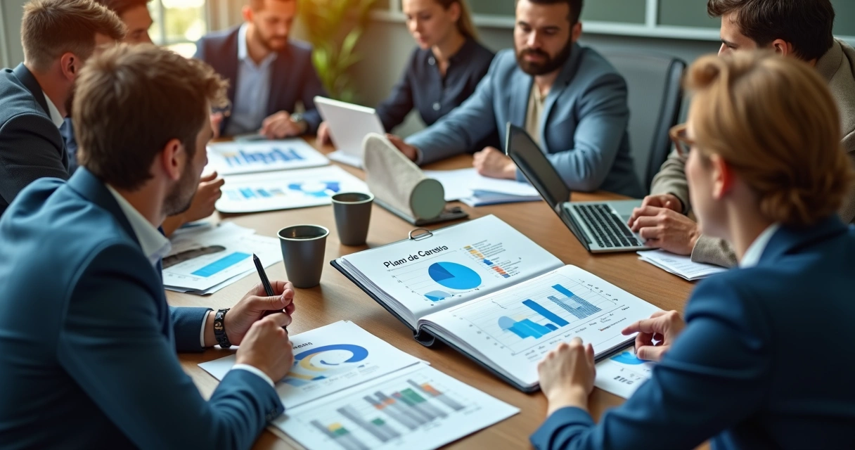 Equipe em reunião analisando um plano de carreira em uma mesa de escritório. 