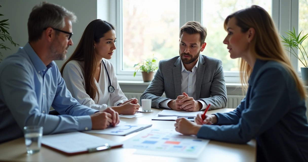 Equipe clínica reunida analisando plano de prevenção de recaídas 