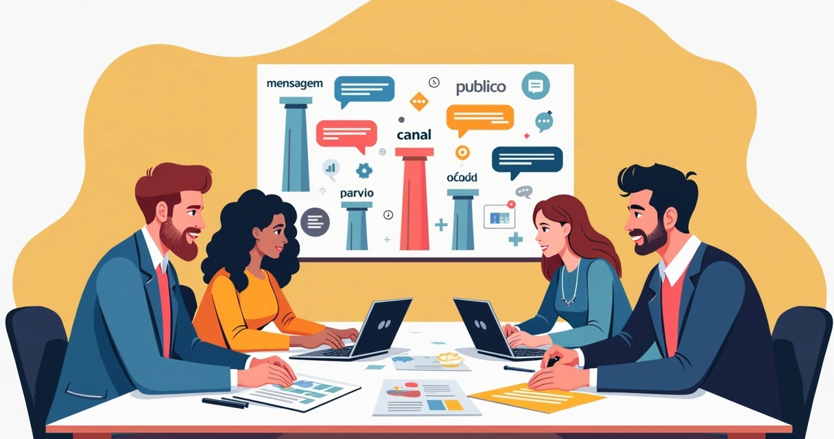 Mesa de reunião com pessoas discutindo plano de comunicação 