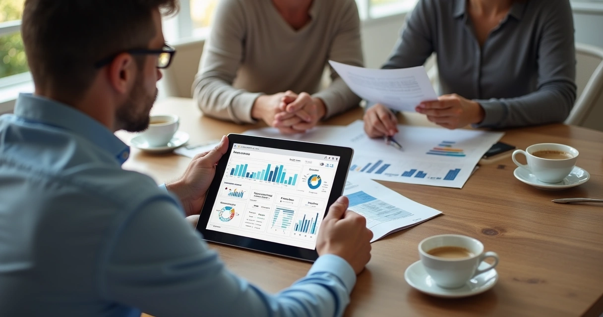 Especialista financeiro orientando casal com documentos