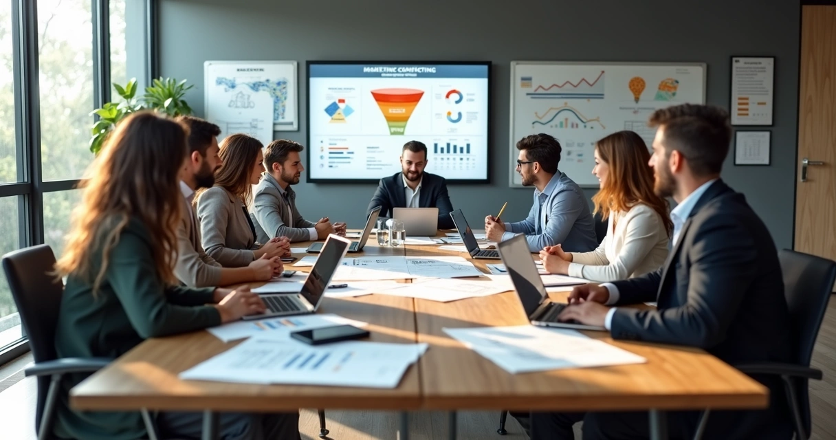 Equipe reunida em sala moderna discutindo plano de negócios para agência digital 