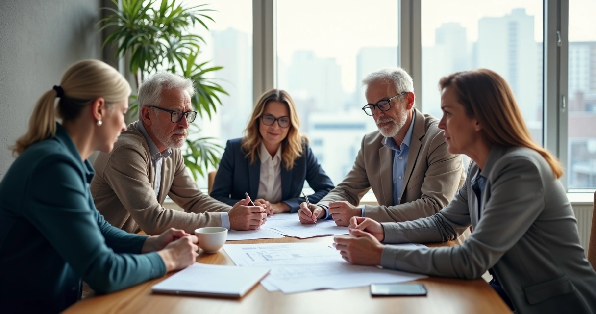 Pessoas maduras avaliando documentos de plano de saúde em mesa de reunião