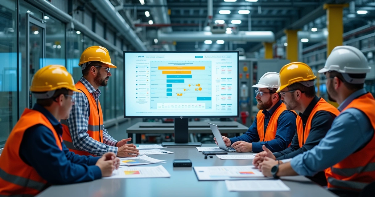 Reunião entre operação e projeto em sala industrial 