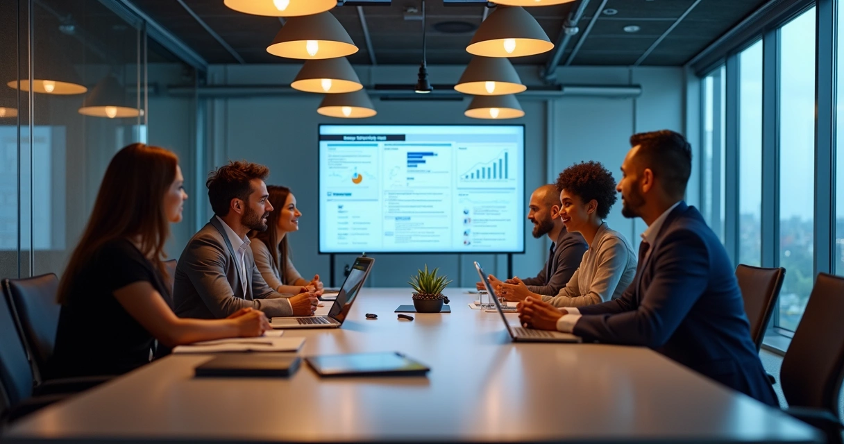 Equipe analisando contratos digitais em tela grande de reunião 