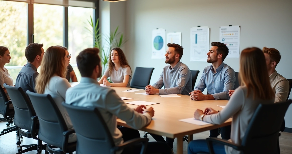 Reunião de equipe em empresa com pessoas praticando mindfulness coletivo