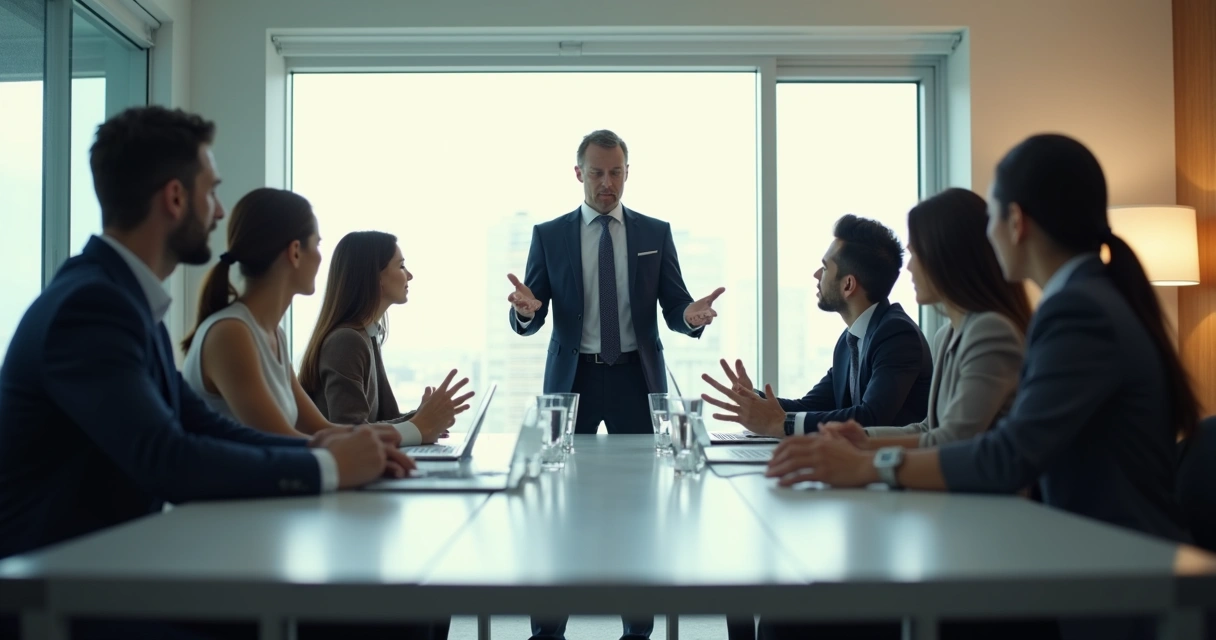 Pessoa falando em reunião enquanto os demais observam em silêncio 