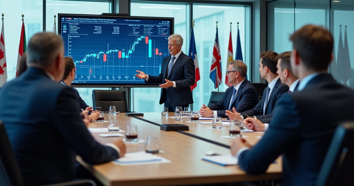 Sala de reunião com executivos discutindo gráficos e dados financeiros