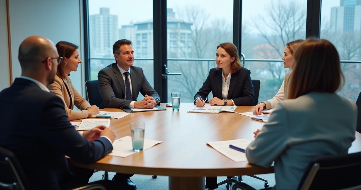 Mesa de reunião com líderes debatendo políticas públicas e documentos