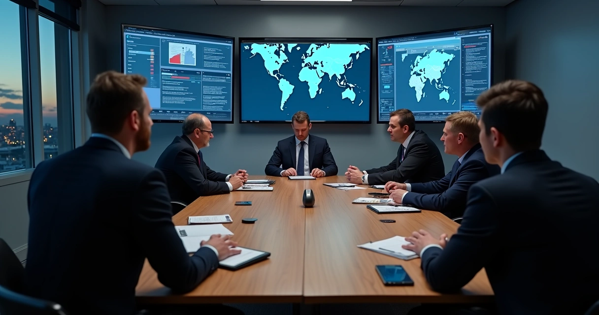 Reunião com mapas e telas sobre estratégia política digital 