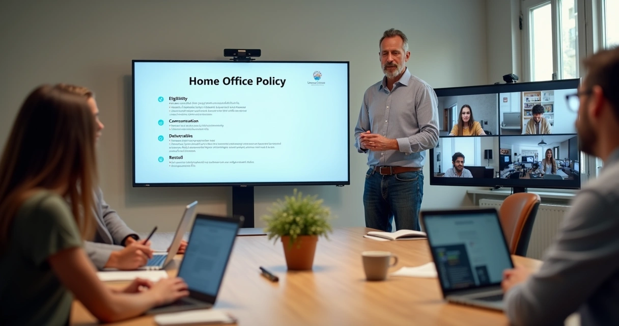 Gestor de pequena empresa liderando reunião sobre política de home office em tela compartilhada 