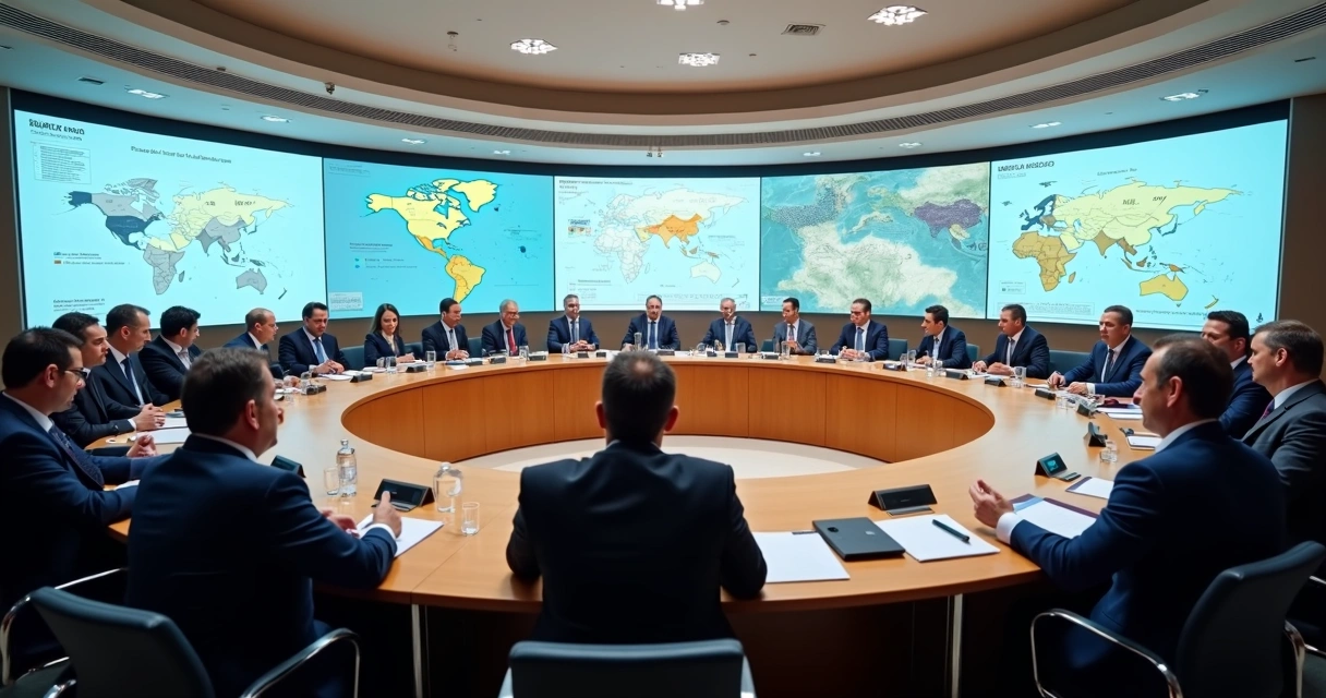 Reunião de lideranças políticas do Paraná em uma sala com painéis digitais