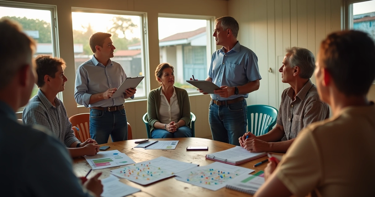 Líder político conversa com moradores em reunião comunitária em pequeno município 