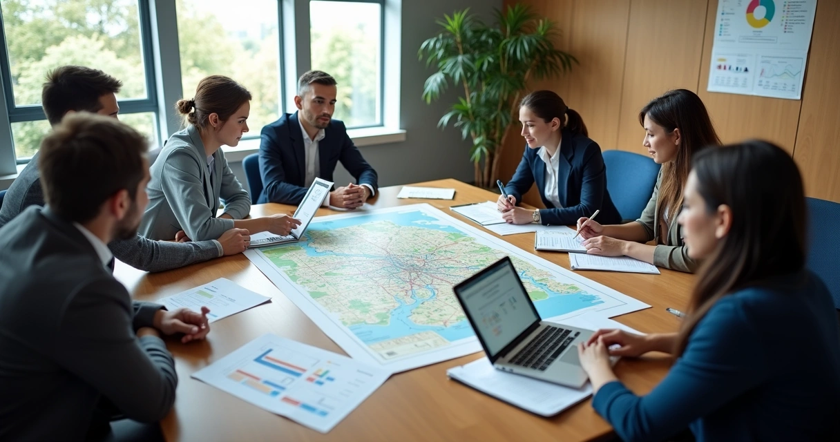 Reunião de gestão pública com documentos e mapa urbano 