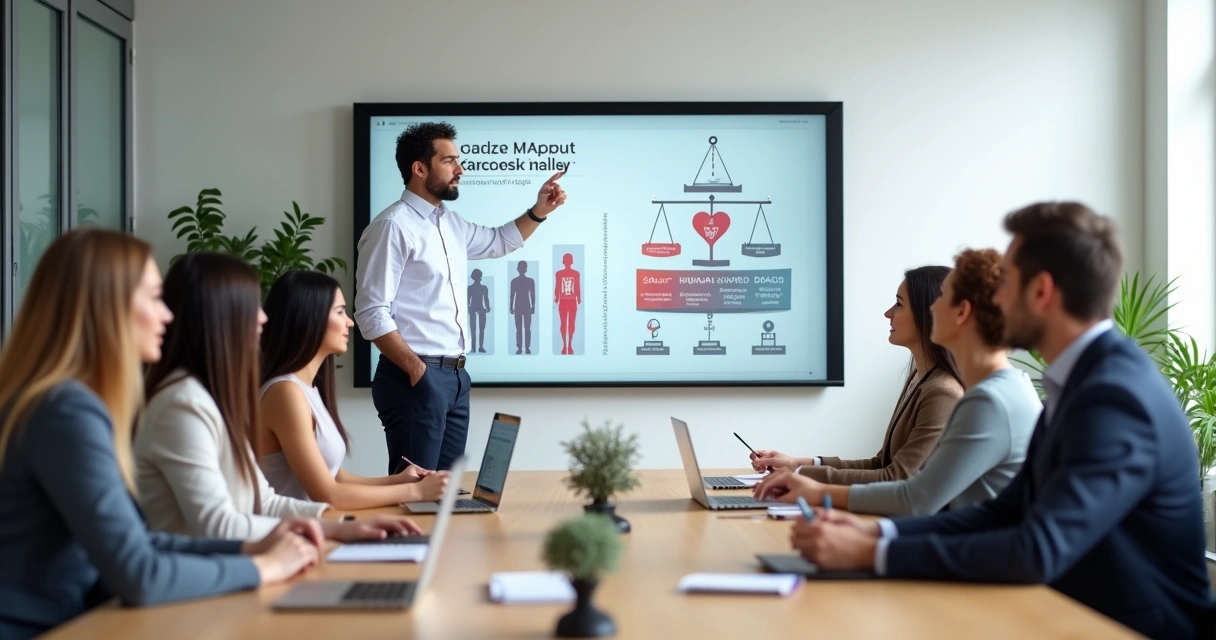 Líder apresentando política salarial justa para equipe diversa em escritório moderno 