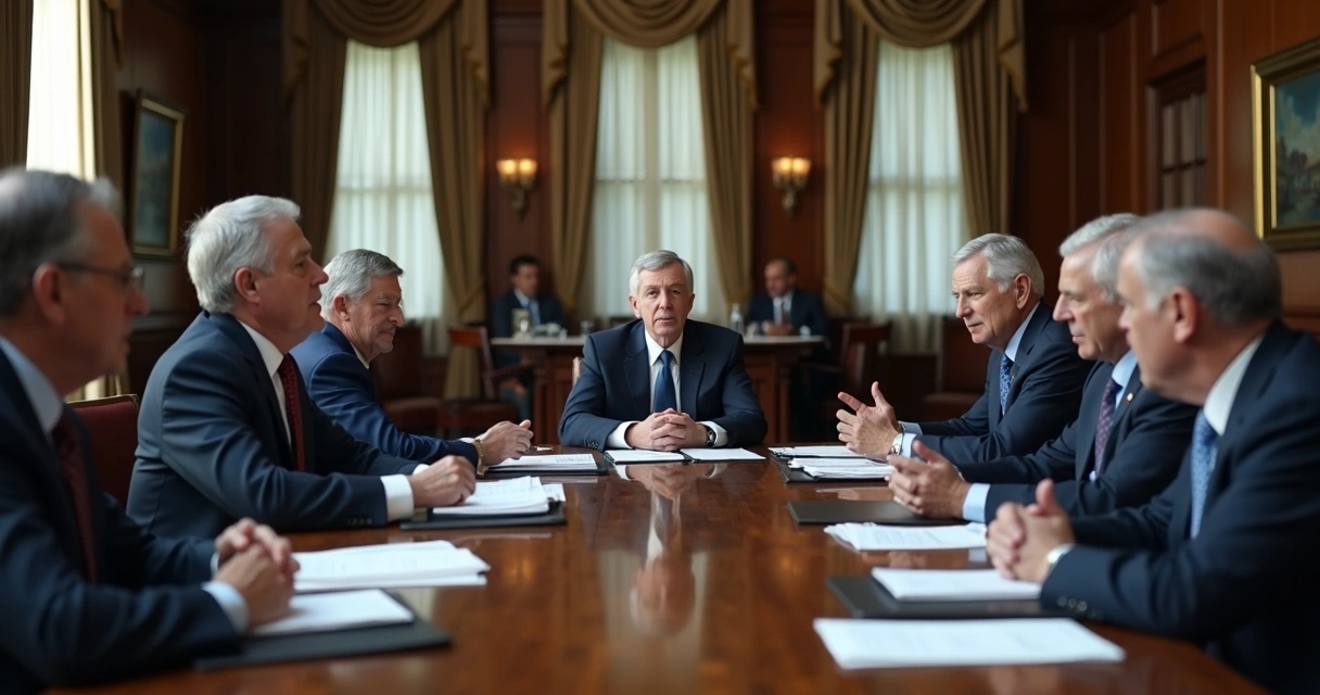 Lideranças em reunião tensa ao redor de uma mesa 