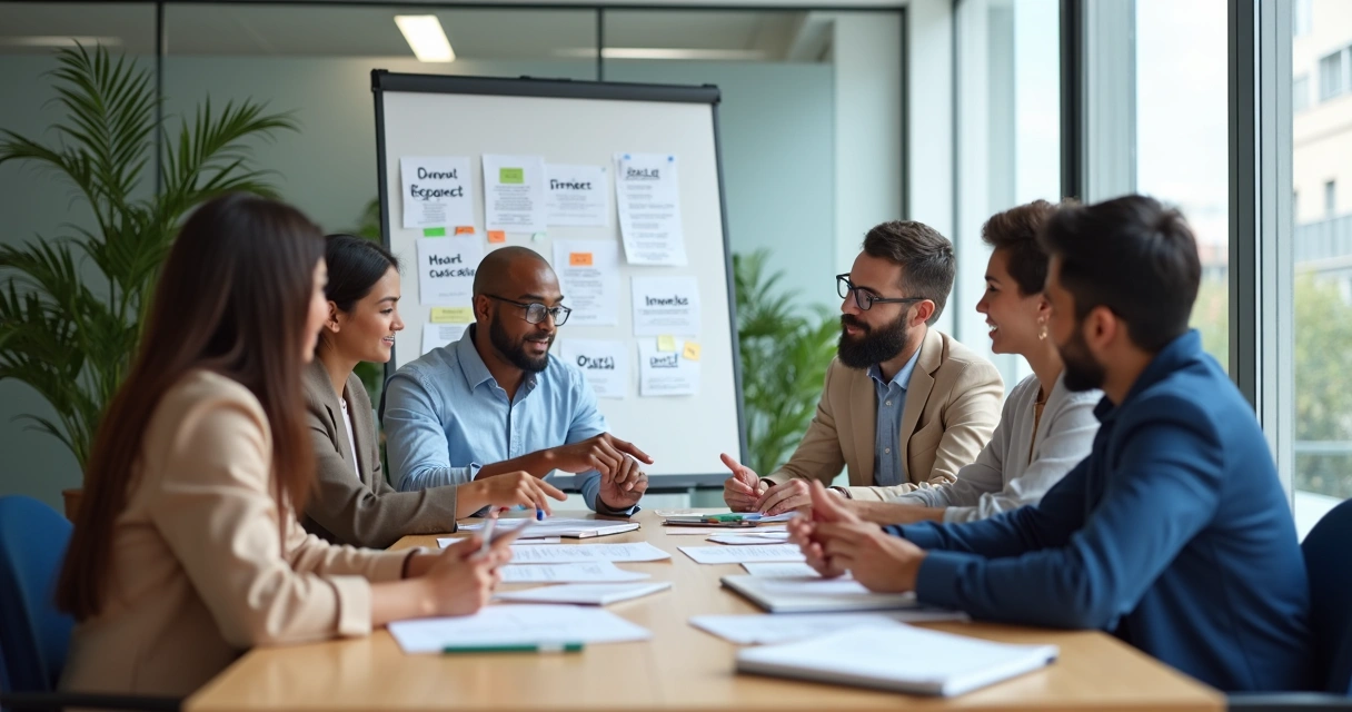 Equipe reunida discutindo políticas internas em mesa de trabalho 