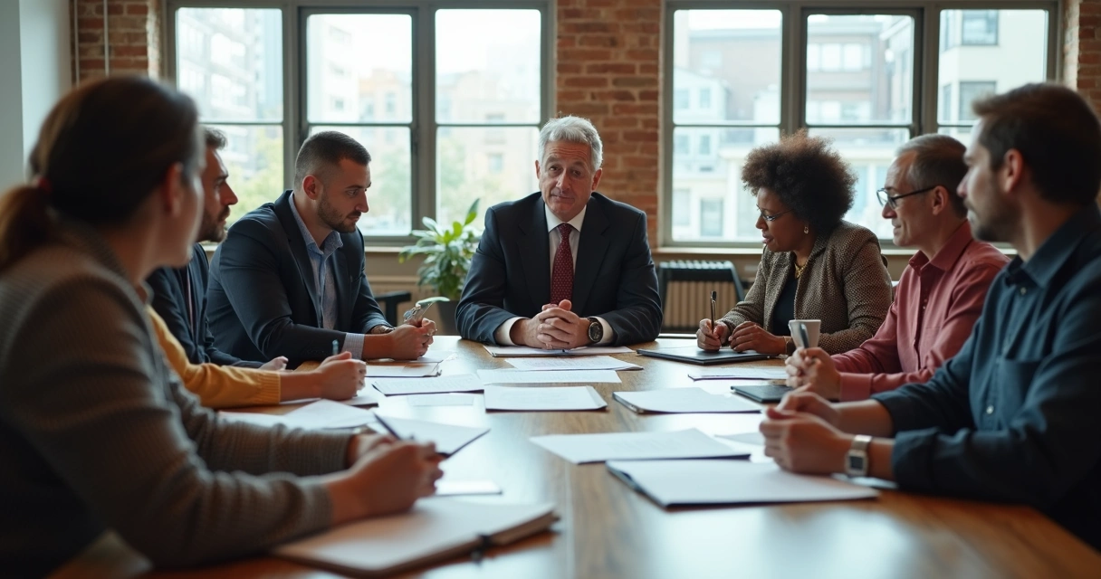 Político reunido com líderes comunitários em ambiente urbano 