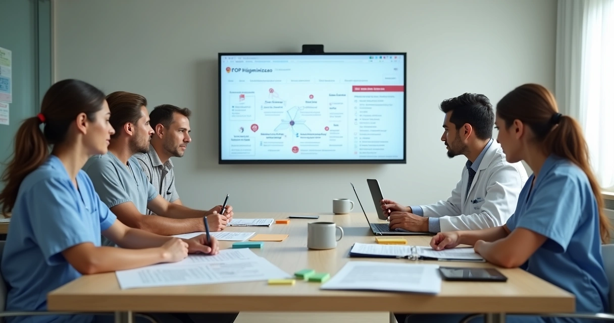 Equipe de ILPI revisando POPs em mesa de reunião com tela grande exibindo fluxograma digital 