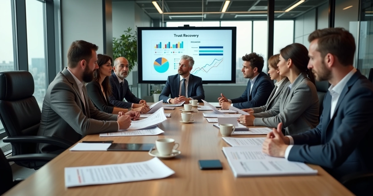 Equipe reunida analisando plano de recuperação após crise 