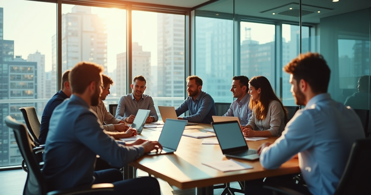 Reunião de pós-venda entre empresa e cliente em sala de reunião moderna 