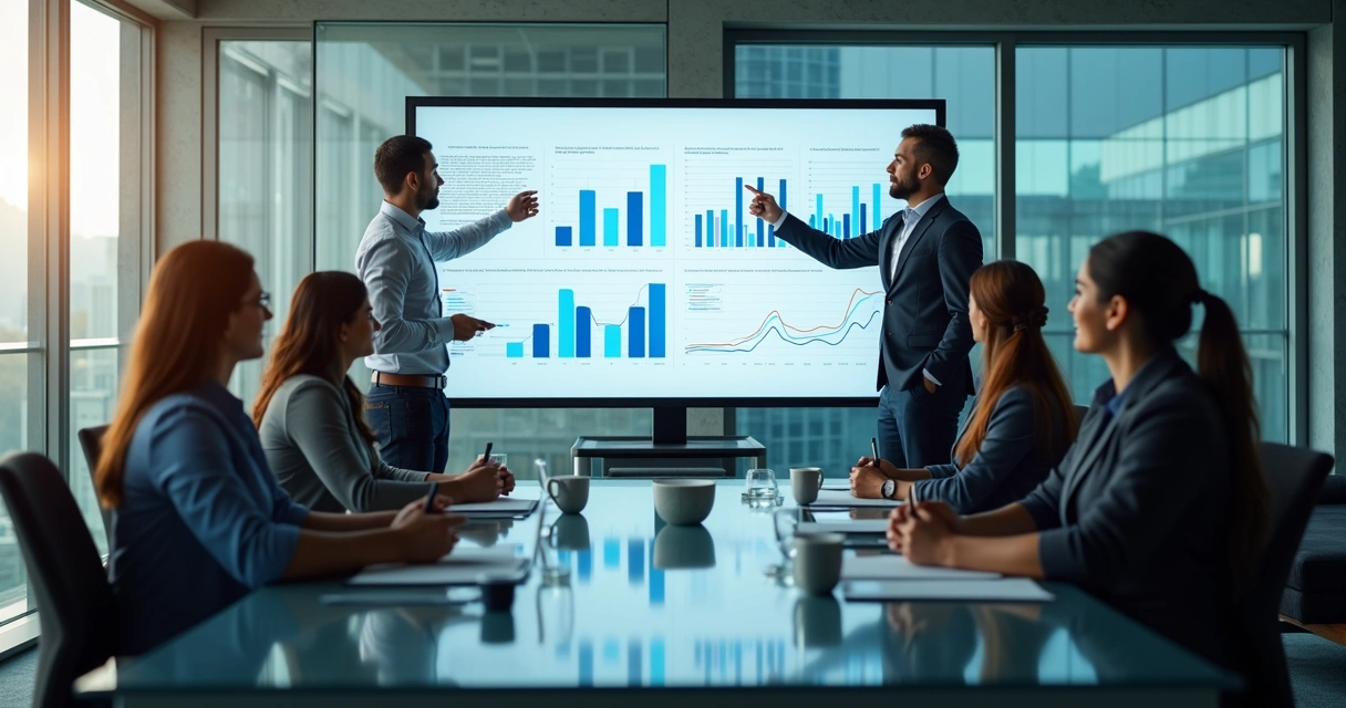 Equipe reunida em pós-venda analisando resultados com cliente 