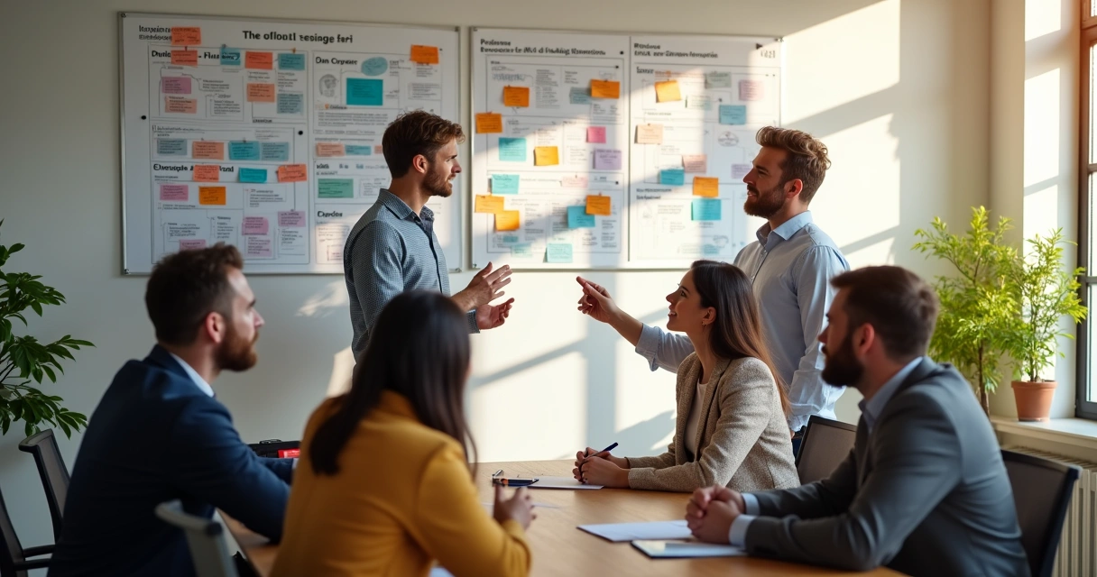 Equipe de uma pequena empresa em reunião analisando quadros e mapas de posicionamento 