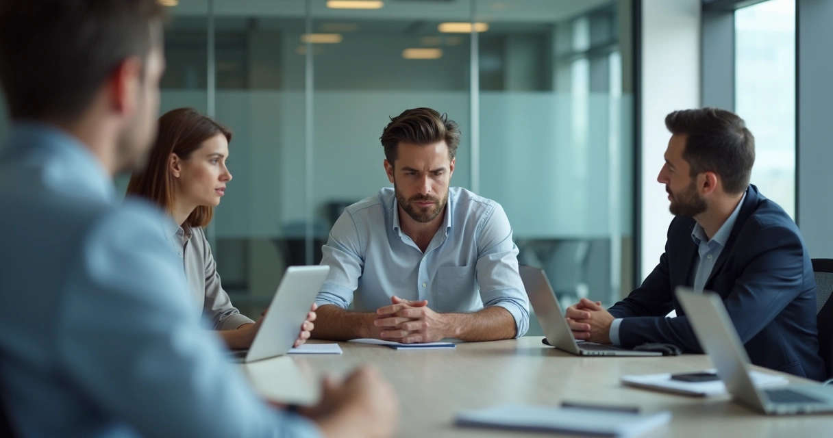 Profissional em reunião com postura insegura e colegas ao fundo