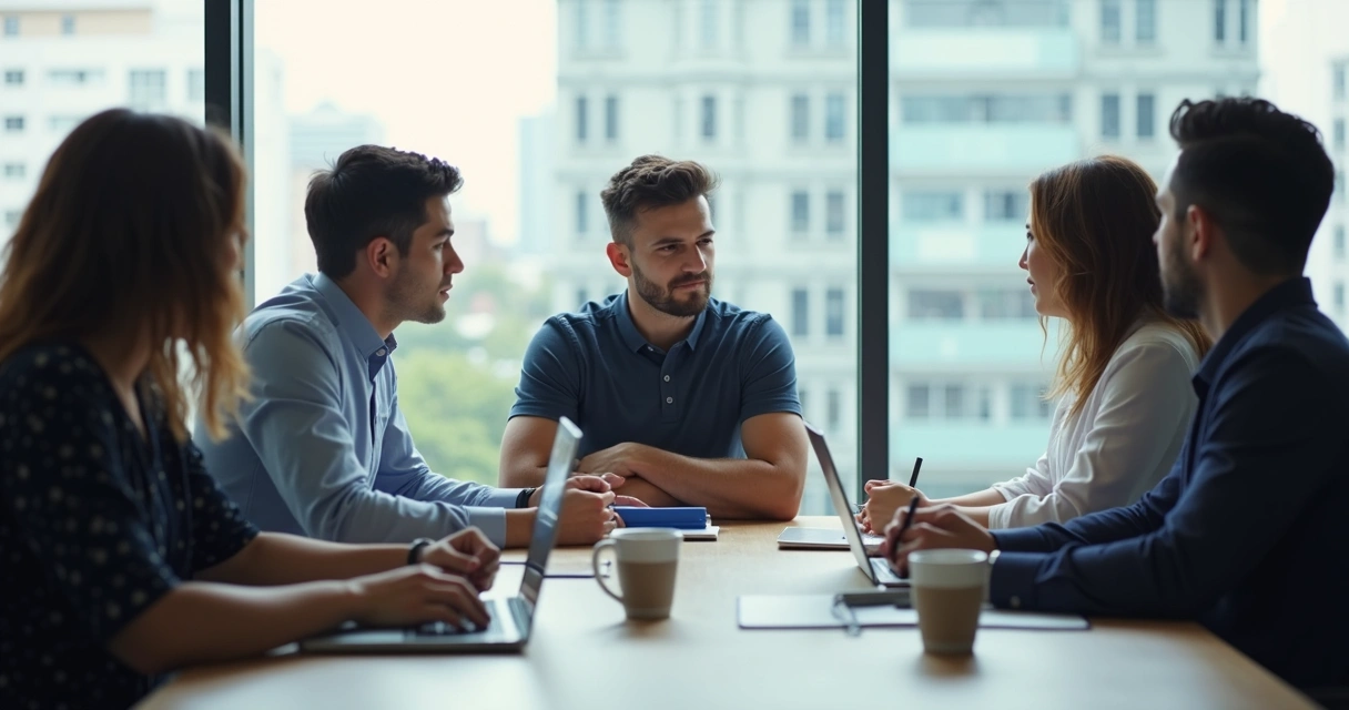 Equipe em reunião observando colega com postura fechada 