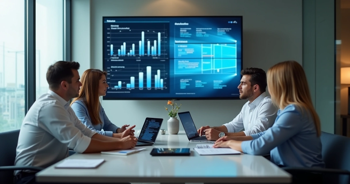 Equipe em reunião analisando dados de pré-venda B2B