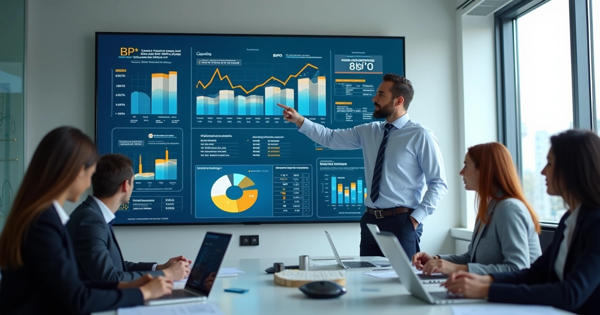 Profissional financeiro apresentando gráfico de preços e análise de mercado em reunião de negócios 