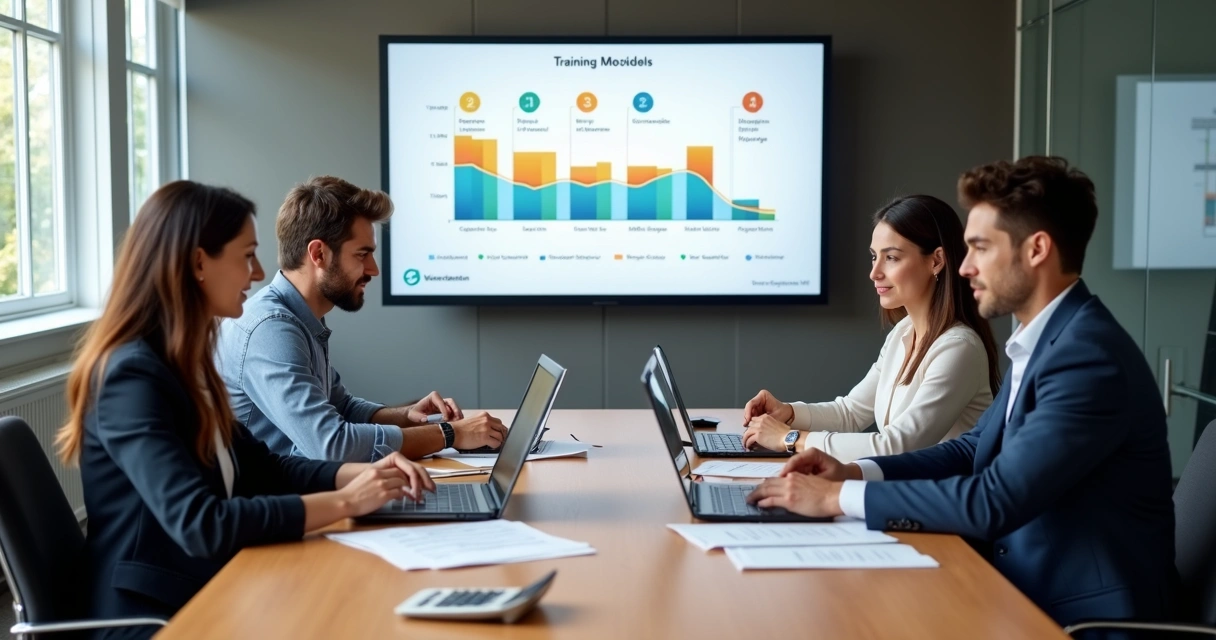 Equipe analisando custos e modelos de cobrança de treinamento corporativo