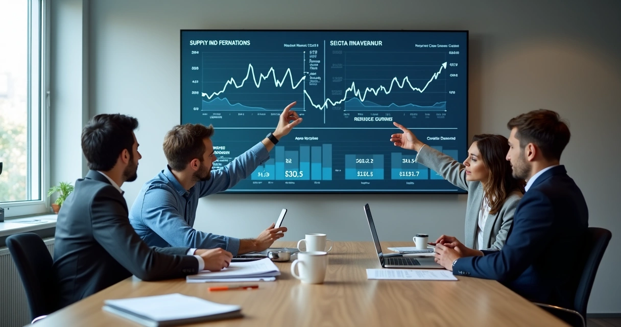 Executivos analisando gráficos de preços e demanda em reunião 