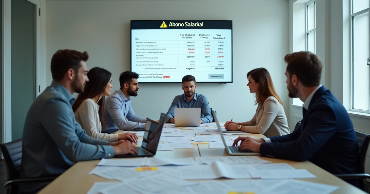 Equipe de RH analisando folhas salariais em sala de reunião 
