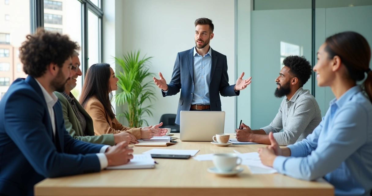 Pessoas em uma mesa de reunião olhando atentas para o palestrante