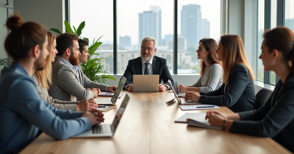 Profissionais em reunião de trabalho praticando presença consciente em torno de uma mesa 