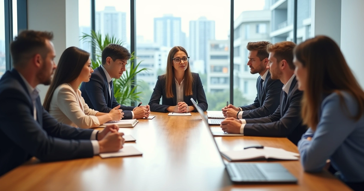 Profissionais em reunião de negócios com foco e atenção plena ao redor da mesa 