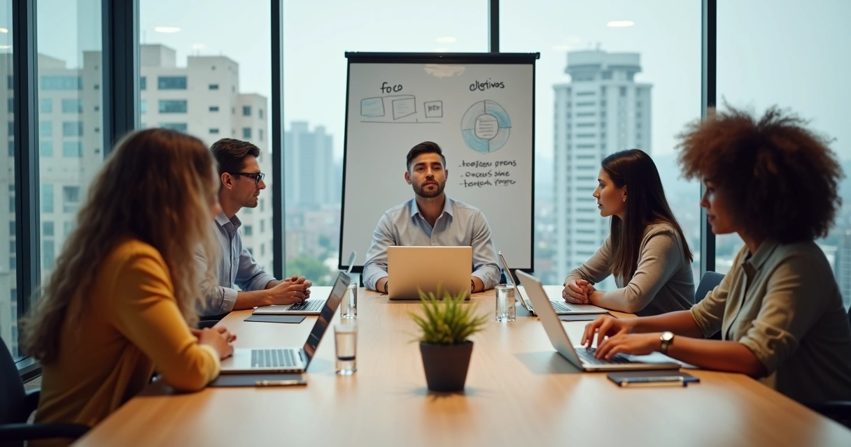 Líder conduzindo reunião calma com equipe atenta em sala moderna 