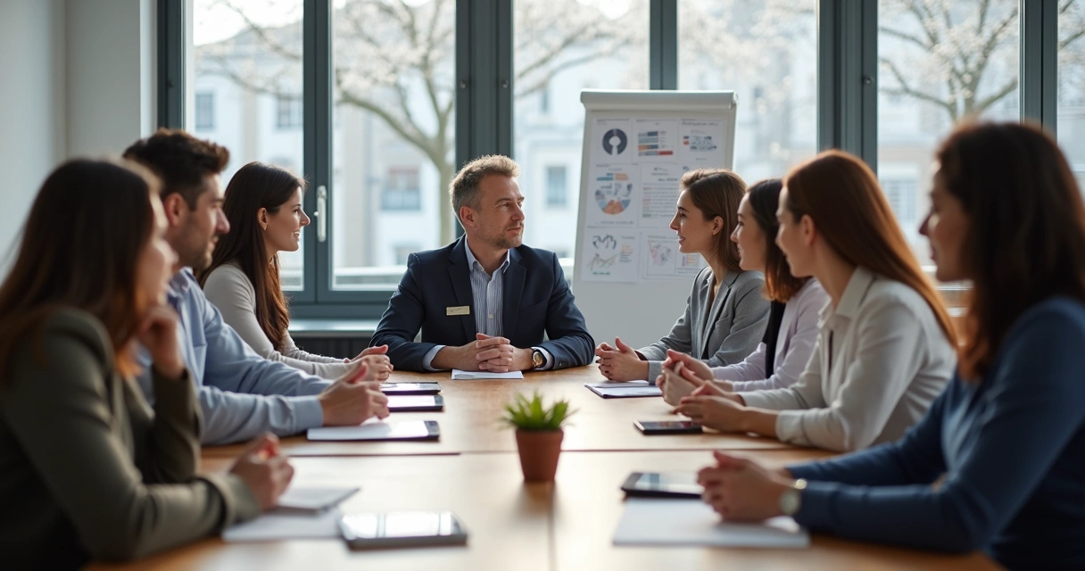 Pessoas sentadas ao redor de uma mesa de reunião, prestando atenção umas nas outras, com um quadro branco ao fundo mostrando anotações 