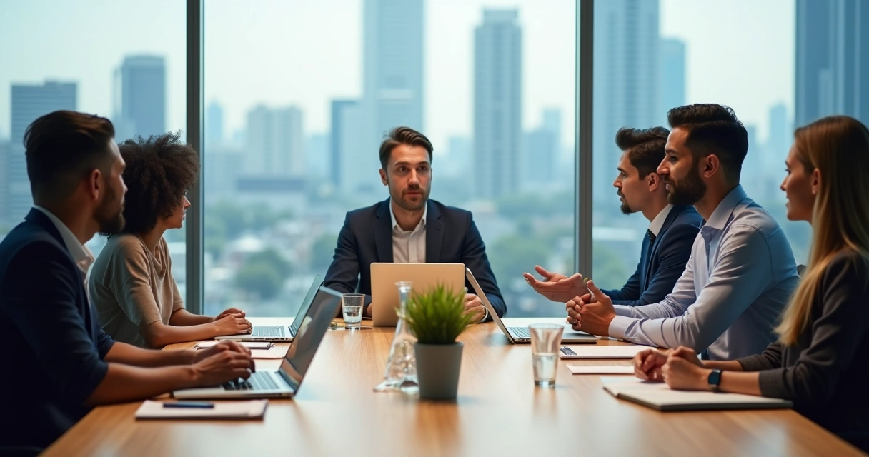 Equipe em reunião praticando presença consciente em sala moderna iluminada 