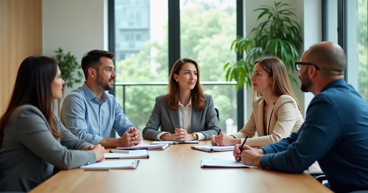 Equipe em reunião com postura atenta e ambiente acolhedor 