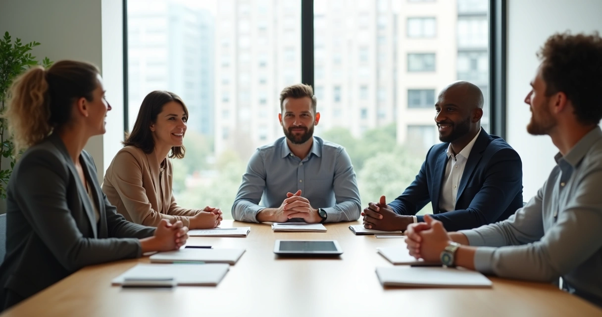 Equipe em reunião focada com líder em postura de presença consciente 